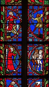 Window w30 depicting the death of Cain; Adam and Eve expelled from Eden by French School