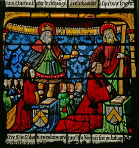 Window depicting donors - Henriette de Mauroy and Simon Liboron with their children and patron saints St Henry and Simon of Cyrene by French School