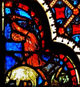 Window depicting donors - butchers by French School