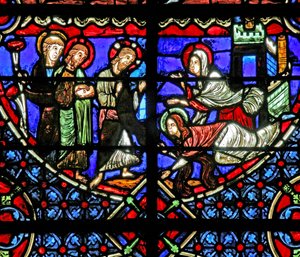 Window depicting Martha and Mary with Christ by French School