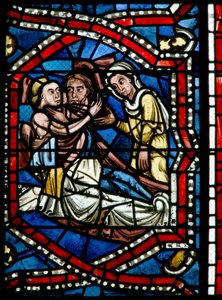Window depicting Lot messes about with his daughters by French School