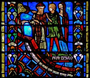 Window depicting people going to listen to St John the Baptist in the wilderness by French School