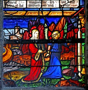 Window depicting Mary Magdalene; she goes into exile and is guided by an angel by French School