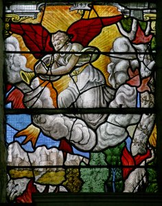 Window w5 depicting a scene from the Book of Revelation: one of the seven angels with trumpets by French School