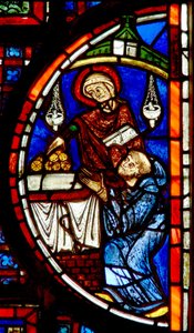 Window depicting the miracle of the monks and the granary by French School