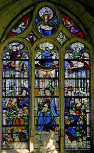 Window w6 depicting St Anne Teaching the Virgin to read; Mary Jacobe and Mary Salome and families; David, Asa, Josias above