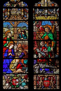 Window depicting the Nativity with Shepherds; donors look on