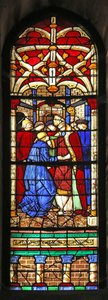 Window depicting a scene from the Life of St Augustine: he is named professor at Milan and visits Ambroise by French School