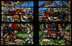 Window depicting a battle scene with the Emperor Constantine where the Cross appeared and he triumphs by French School