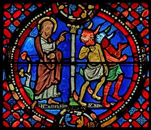Window depicting St Andrew chasing two demons by French School