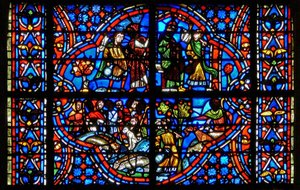 Window depicting scenes from the story of Joseph: Jacob sends Joseph to be with his brothers. They then plot against him as they all work in the fields. by French School