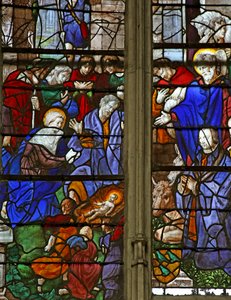 Window depicting the Adoration of the Shepherds; the Donor, Baurot and St Roche