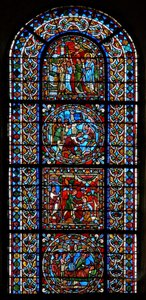 Window wXXI depicting a composite window of 4 panels, three in connection with St Gervais and St Protais by French School