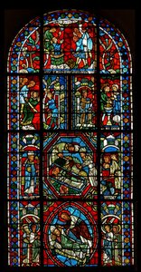 Window wXX depicting Composite window concerning the relics of St Gervais et Protais and the Martyrdom of their parents St Vital and Valery by French School