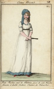 Woman in a kerchief-turban and tunic dress