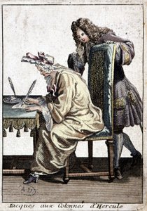 Woman in a shirt and nightcap writing a letter with man, circa 1715 by French School