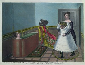 Woman taking a bath while her maid secretly conceals a voyeur by French School