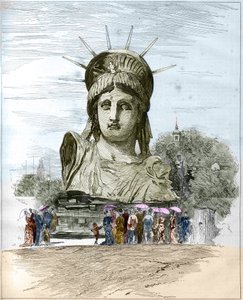 World Exhibition 1878 in Paris: the head of the Statue of Liberty by Frederic Auguste Bartholdi. Engraving by Edgard Morin from 