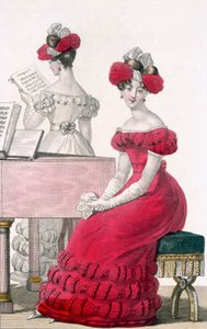 Young Woman in a Crepe Evening Dress with an Elaborate Headdress, Advertisement in Modes de Paris, c.1825