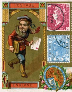 Young postman with his letter sack delivering a letter in Victorian England, late 19th century