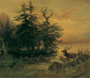Deer Wallowing on the Shore of a Mountain Lake by Friedrich August Mathias Gauermann