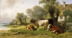 Cattle in a Farmyard along a River with a Fisherman Beyond by Friedrich Johann Voltz