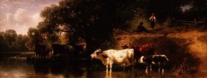 Cattle Watering in a Wooded Landscape