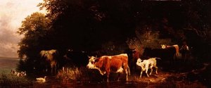 Wooded river landscape with drover and cattle watering
