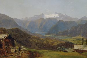 View from Hutteneckalm of Lake Hallstatt and the Dachstein