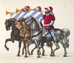 Three musicians at a tournament, plate from A History of the Development and Customs of Chivalry, by Dr. Franz Kottenkamp, published by Carl Hoffmann by Friedrich Martin von Reibisch