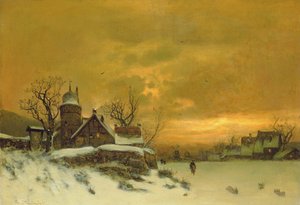 Winter Landscape with View of Buildings at Evening