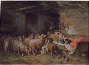 Plaque Depicting a Shepherd Asleep with His Hound, an Unattended Flock at His Side
