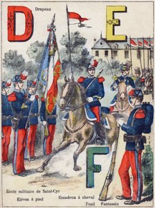 Letters D E F: Flag, Military School of Saint-Cyr (Saint Cyr), Eleves on foot, Horse Squadron, Rifle and Fantassin, c.1900 (lithograph)