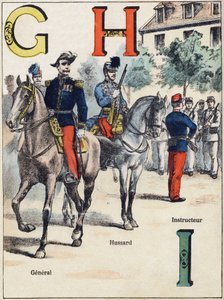 Letters G H I: General, Hussard and Instructor. Engraving in "Alphabet militaire", Grand-Bebe series. Engraving. Pont-a-Mousson imaging. Louis Vagne, Printer-Publisher, circa 1900. Illustrations by G. Dascher by G. Dascher