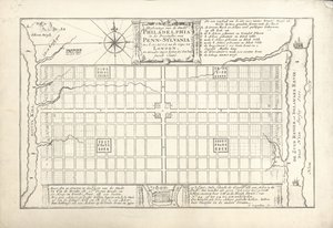 The first plan for Philadelphia, devised by William Penn and Thomas Holme in 1682, 1684 by G. Drogenham