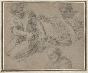 Studies of a Kneeling Man, Half Figure, Arm and Bust