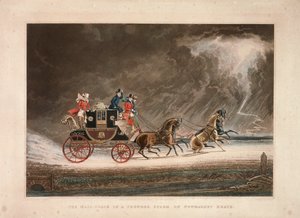 The mail coach in a thunderstorm on Newmarket Heath, Suffolk, 1827