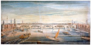 View of the new London Bridge from the west, with boats and barges on the Thames, 1831 by G Yates