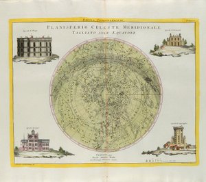 Cosmographic plate of the Southern Celestial Planisphere cut at the equator, engraving by G. Zuliani taken from Tome I of the Newest Atlas published in Venice in 1777 by Antonio Zatta by G. Zuliani