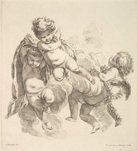 Three Children Among Clouds Carrying a Drapery by Gabriel Huquier