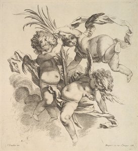 Three Children Among Clouds Near a Palm Leaf by Gabriel Huquier