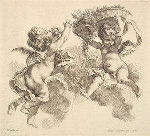 Two Children, One Holding a Basket with Flowers by Gabriel Huquier