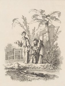 Two Women Leading a Child toward a Teapot on a Table near a Pond by Gabriel Huquier