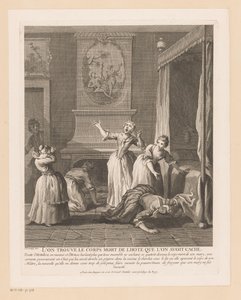 Women Find a Body Under a Bed (Scenes from the Roman Comique by Scarron series) by Gabriel Huquier