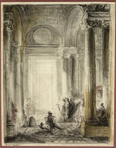 The Entrance of the Academy of Architecture at the Louvre by Gabriel Jacques de Saint Aubin
