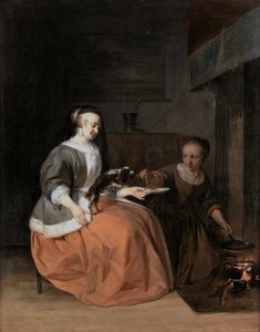 Young Woman and Maidservant Feeding a Pancake to a Dog