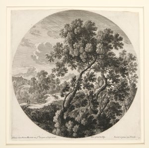Landscape with Two Travelers and a Castle; and Herdsman, Sheep and Cattle in a Landscape, from a set of six landscapes by Gabriel Perelle