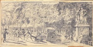 Figures pulling a barrel on a trolley in the Tuileries Gardens, 1760