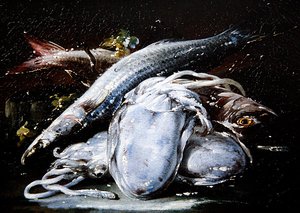 Squid, Grey Mullet and Red Mullet resting on a Stone Ledge by Gaetano Cusati