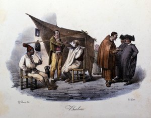 Small metier of the city of Naples: a walking barber and chatting in the street. Lithograph of G. Dura